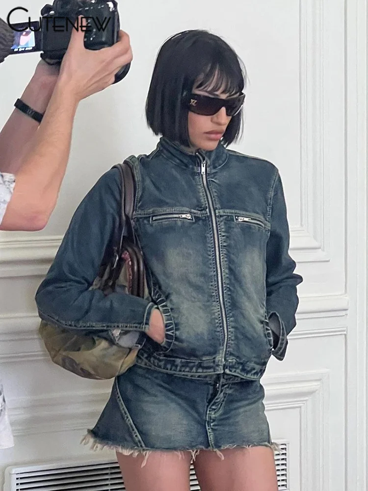 

Женский джинсовый костюм из двух предметов Cutenew, розовый пикантный топ на молнии с длинным рукавом и карманами и облегающая эластичная юбка на бедрах, женское платье, костюм