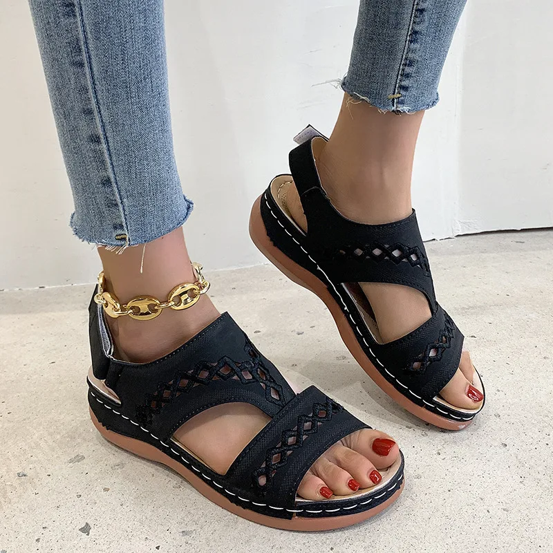 

Women's Shoes 2022 Summer Retro Casual Sandals Women Hollow Wedge Sandals Ladies Plus Size Velcro Leather Sandals Large Size