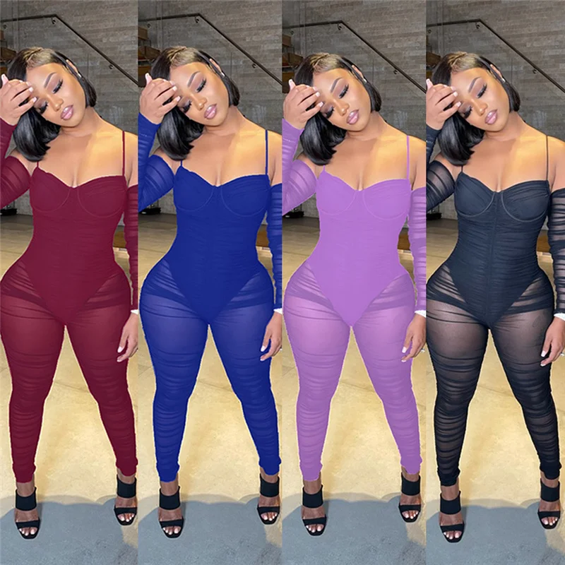 

Sexy Mesh Women Jumpsuit 2021 Summer Fashion Sexy Off Shoulder Lady Long Sleeve Jumpsuit Casual Birthday Party Wear Jumpsuits