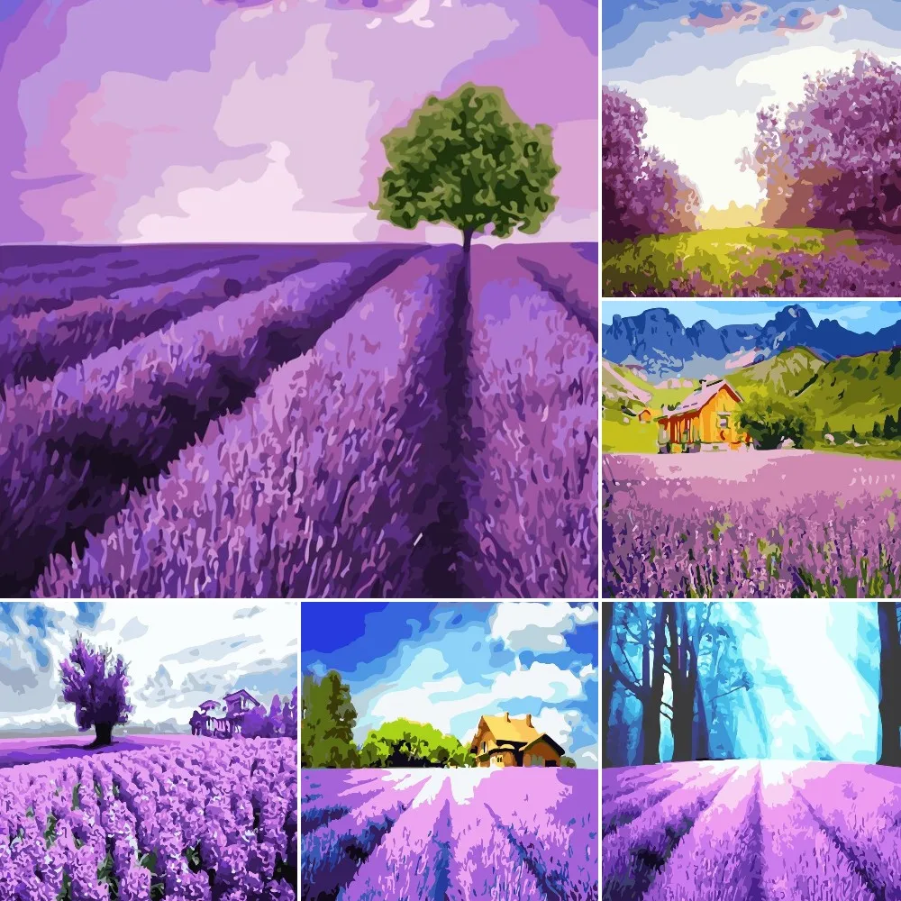 Purple Field Painting By Numbers For Adults Kids Kits Hand Painted Drawing Canvas DIY Oil Coloring Paint Picture By Numbers