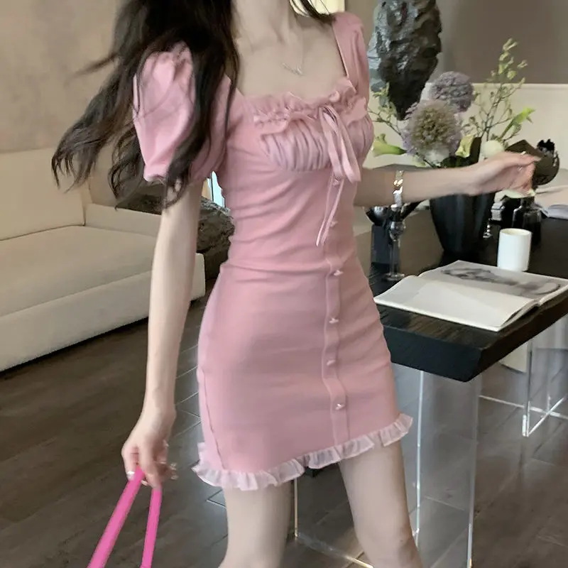 

Deeptown Y2K Fairycore Sexy Lace-up Patchwork Elegant Pink Dresses Women Korean Fashion Chic Ruched Short Sleeve Bodycone Dress