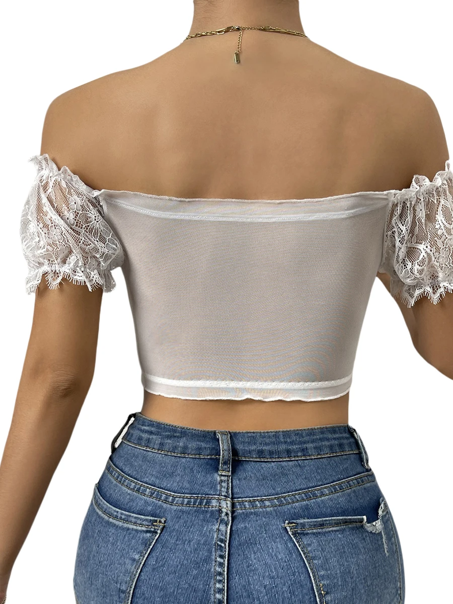 

Women s Elegant Floral Lace Off-shoulder Tops Stylish See-through Short Sleeve Crop T-shirts for Party and Streetwear
