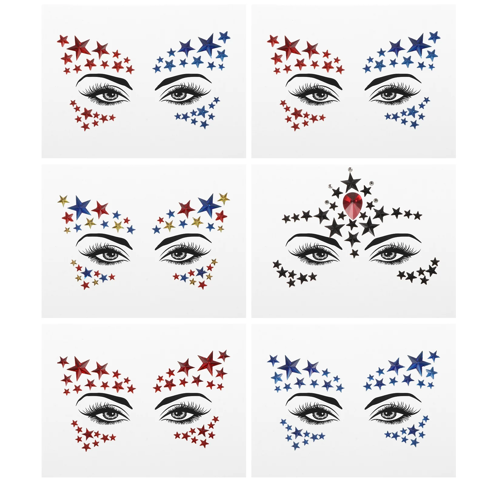 

6 Sheets Rhinestone Face Sticker Star Stickers DIY Five-pointed Decorative Decal Eyes Decals Applique Creative