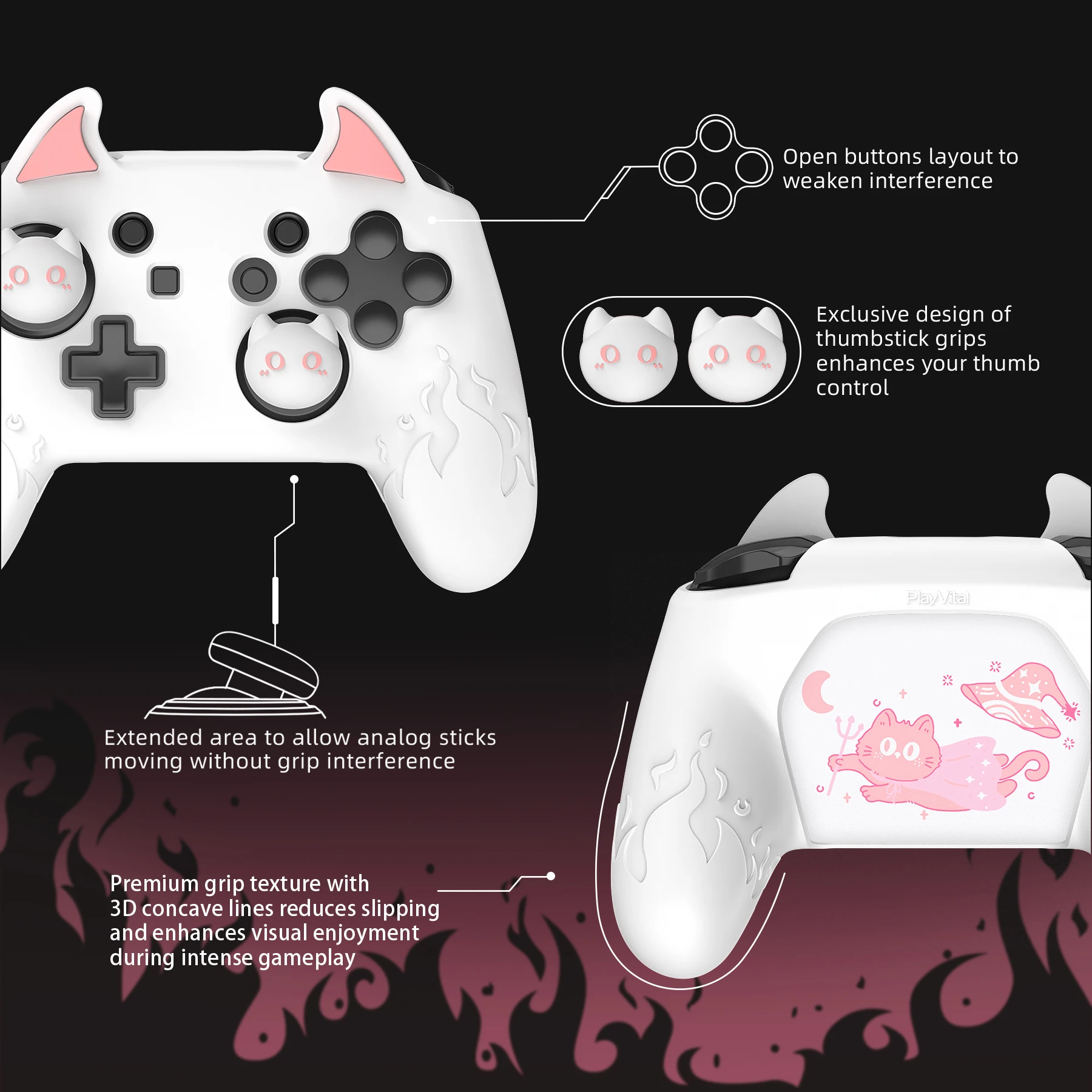 Силиконовый чехол PlayVital Cute Demon для контроллера Nintendo Switch Pro с колпачками и