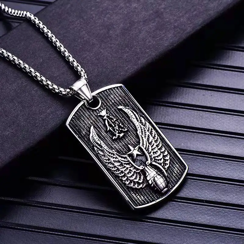 

Stainless Steel Eagle Grenade Tag Necklace Men's Ketting Vintage Square