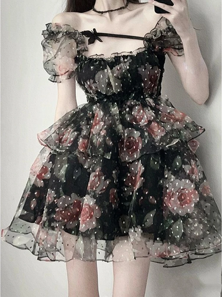 

Hotsweet Print Lolita Dress Summer Harajuku Woman Sexy Gothic Maid Dress Casual Vintage Gothic Lolita Lace Mini Dress Y2k Girl
