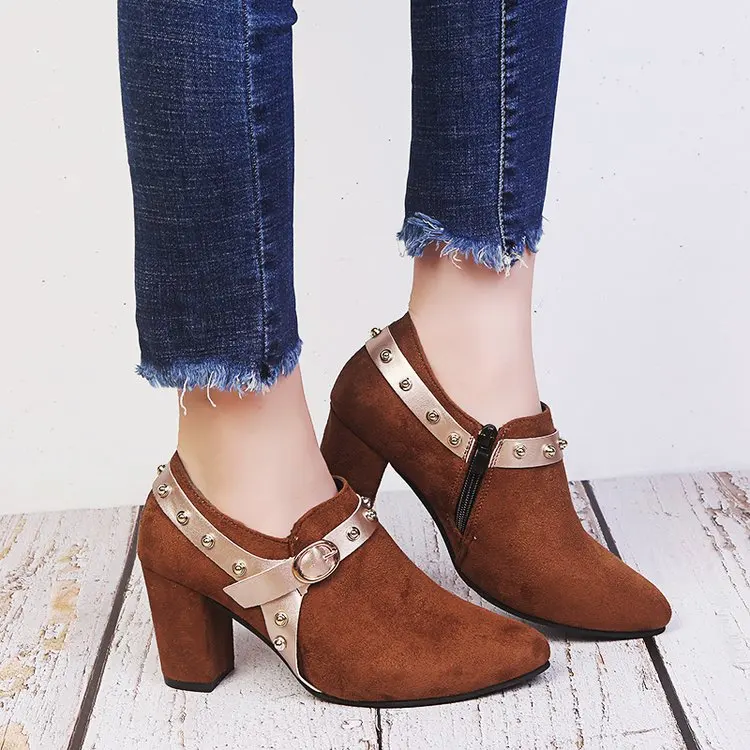 

New 2021 Spring Women's Shoes Duckle Woman Heels Round Toe Pumps Female Fashion British Style Shoes Square Heel Black Rivets