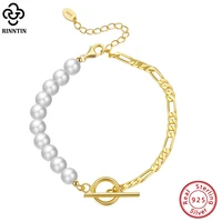 rinntin diamond cut figaro link chain pearl bracelet 14k gold sterling silver ot toggle clasp baroque pearl jewelry gpb06