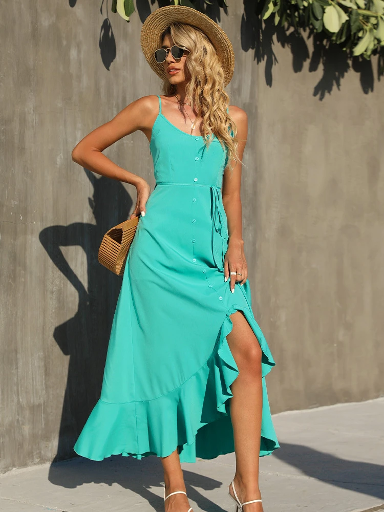 

Летние повседневные женские платья с оборками, без рукавов, с разрезом и открытой спиной, однотонное женское платье на шнуровке с V-образным ...