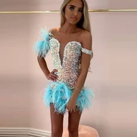 sparkly sequined short homecoming dresses off the shoulder sweetheart sky blue feathers sheath mini party dress birthday gowns