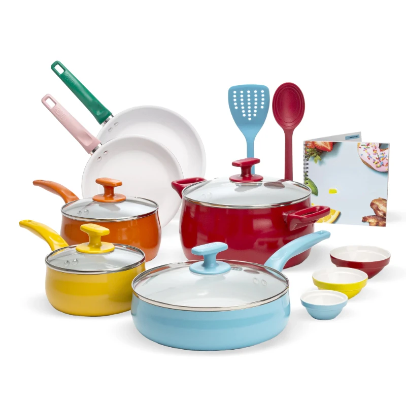 

16 Piece Ceramic Titanium-Reinforced Non-Stick Cookware Multicolor Set Frypan Saucepan with Lid without PFOA or PTFE