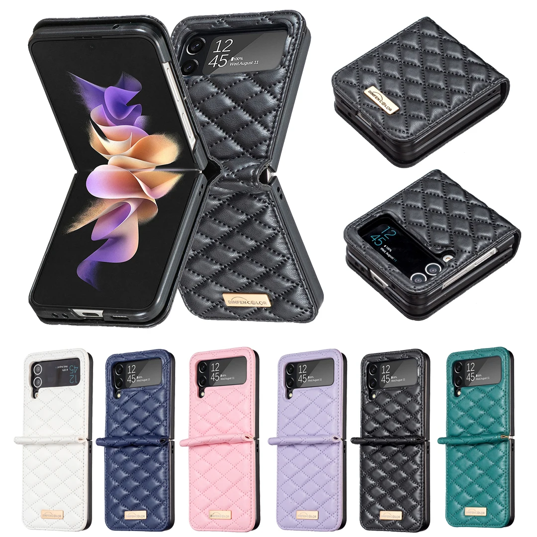 

Z Flip 3 SM-F7110 Coque Rhombus Pattern Leather Protect Phone Case for Galaxy Z Flip 4 SM-F7210 Shockproof Slim Fit Back Cover