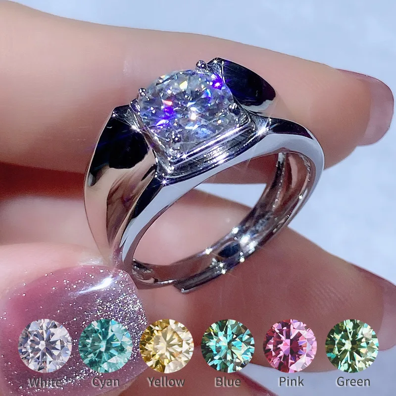 2-3CT Real Moissanite Ring For Men Wedding White Blue Yellow Green Diamond Gemstones Ring Adjustable Color D VVS 925 Silver