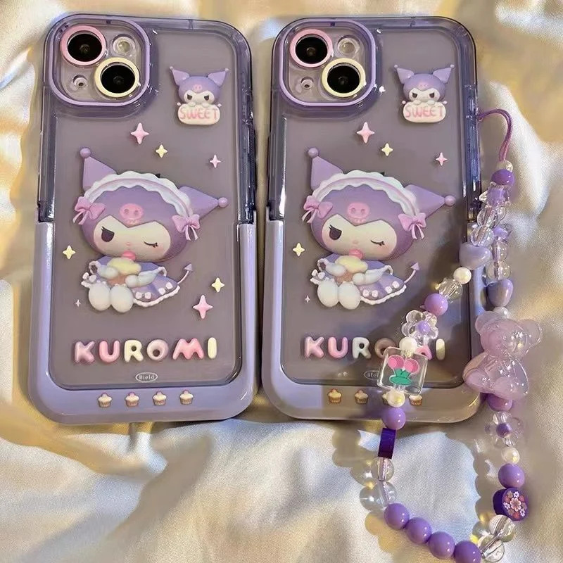 

Cartoon Sanrio Kuromi Cartoon with Invisible Bracket Bracelet Phone Case for IPhone 14 13 12 11 Pro Max 14 Pro Anti-drop Cover