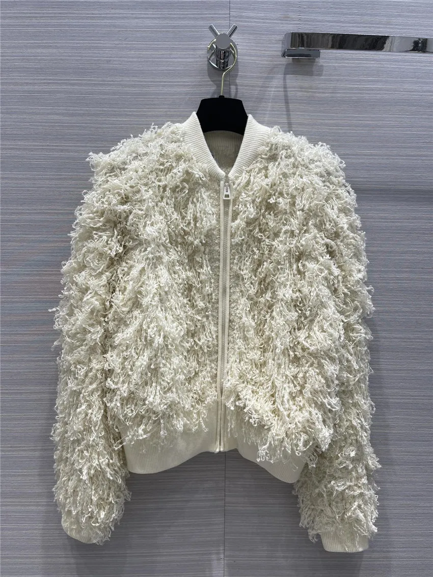 

Top Quality Women Vintage Stand Collar Alpaca Cashmere Tassel Jacket Beige Coat