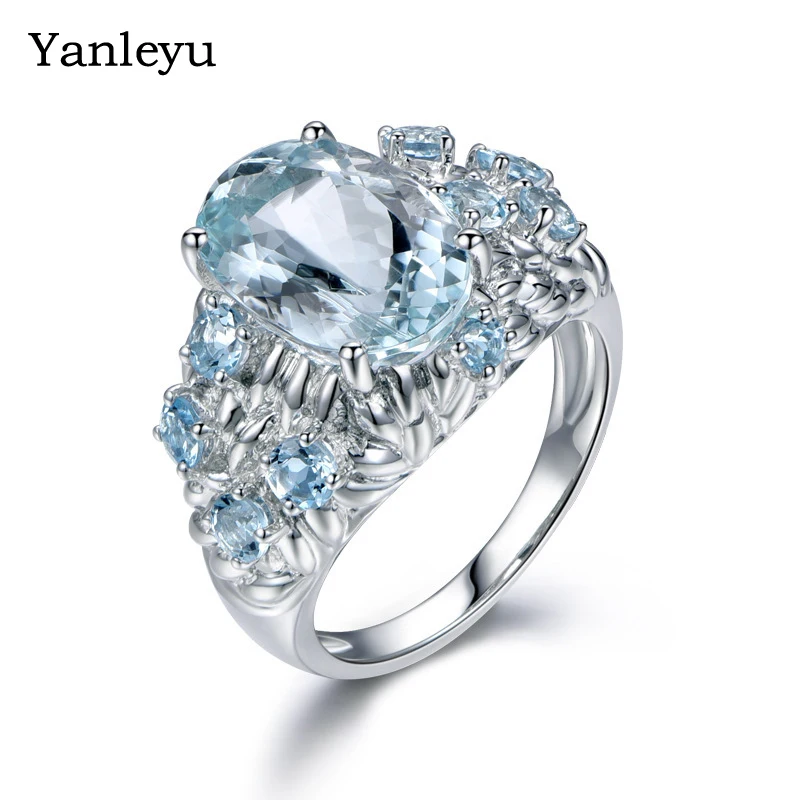 

Yanleyu Luxury Engagement Party Jewelry Solid 925 Silver Color Wedding Jewelry Blue Zircon Crystal Rings for Women Gift PR103
