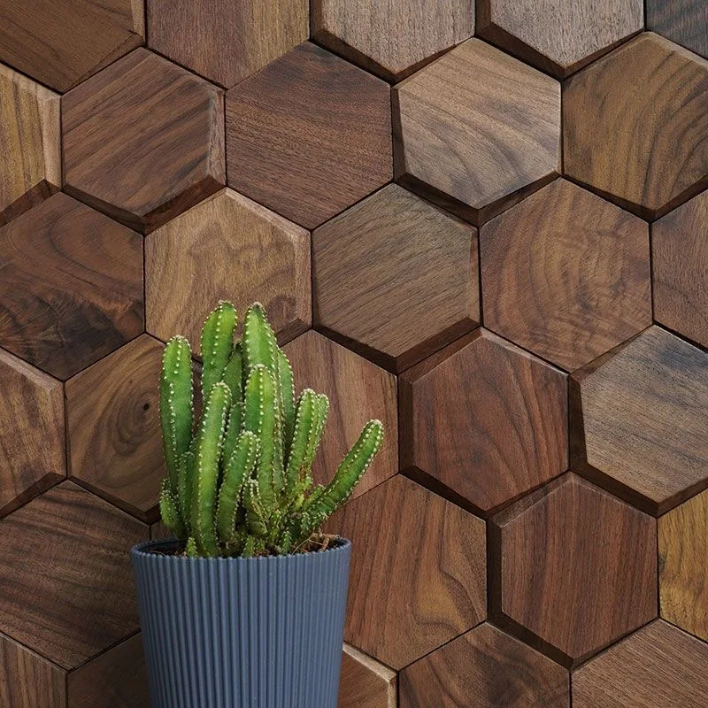 

3d Wood Wall Mosaic Tile Black Walnut Modern Hexagon Wooden Panel Wall Stickers for Home Office Background Bedroom Decoration
