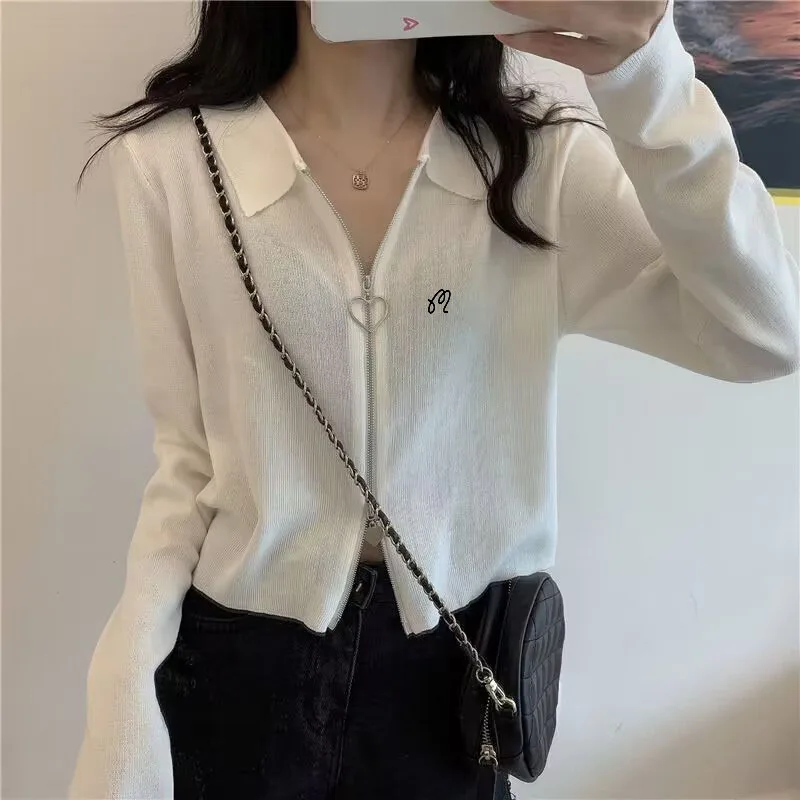 2023 Spring New Versatile Golf Zipper Sweater Long Sleeve Knitted Cardigan Women's Golf Jacket Top Fashion Slim Fit Short Top