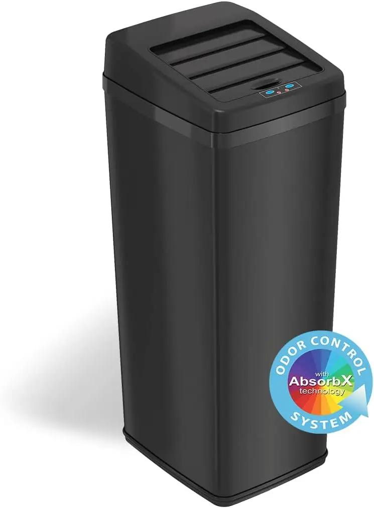 

Gallon Sliding Lid Automatic Sensor Trash Can with Odor Filter System, 52 Liter Black Steel Touchless Kitchen Garbage Bin, Matte
