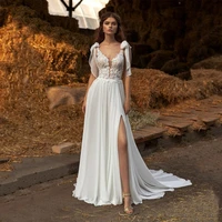 high split chiffon wedding dresses ivory lace appliques v neck country style a line backless bride civil vestidos de novia
