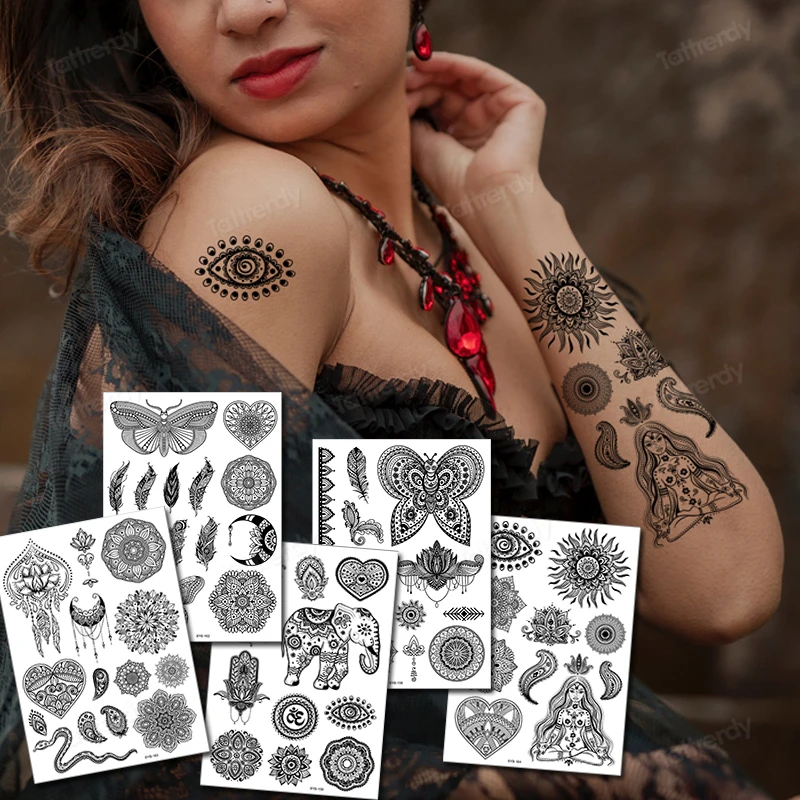 

Waterproof Temporary Henna Tattoo Stickers Black Chest Lace Mandala Henna Tattoos for Women Diamond Flower Body Art Fake Tatoo