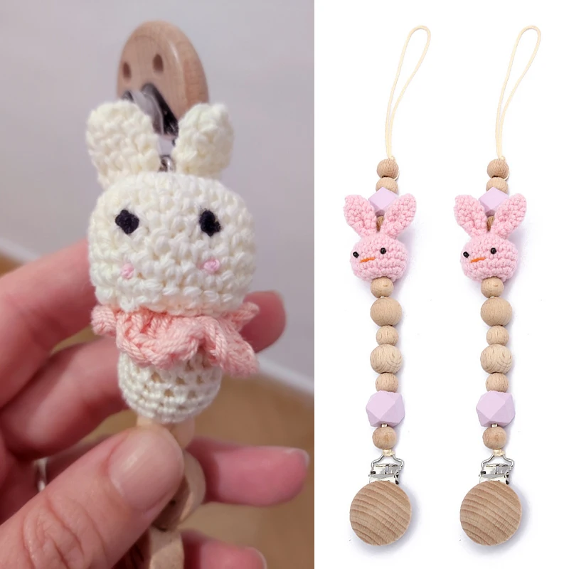 

Bunny Pacifier Chain Clip Wood Crochet Rabbit Teething Chain Baby Teether Soother Holder Newborn Product Baby Pacifier Clip