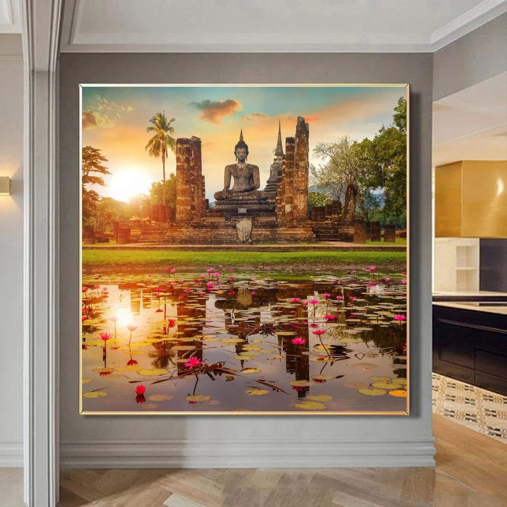 

Buddha Statue Lotus Landscape Canvas Painting Religious Scenery Wall Art Poster Print Modern Picture for Living Room Home Decor