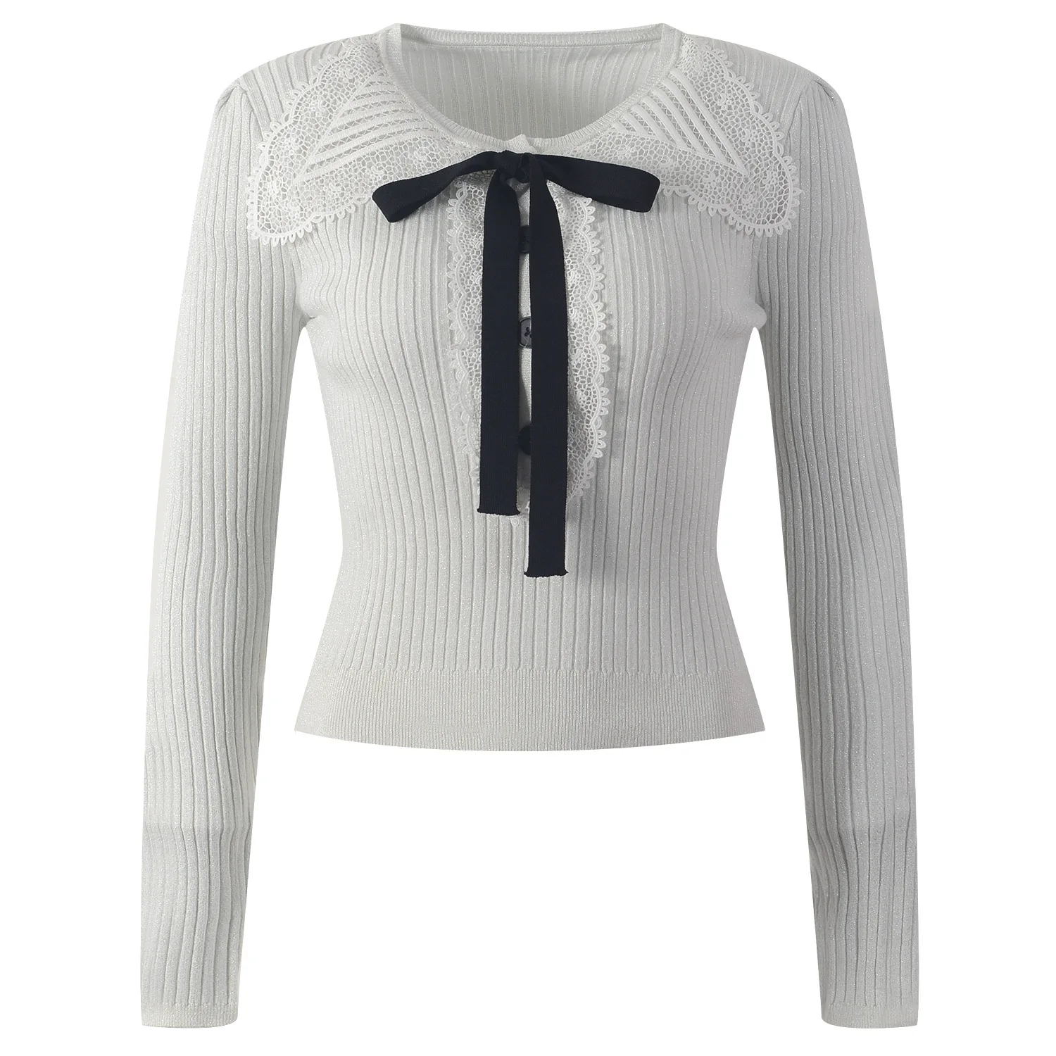 

Autumn Women Sweater Pullovers White Blue Bow Lace Sweet Knit Crop Tops Casual Jumper Jersey Eangland Streetwear