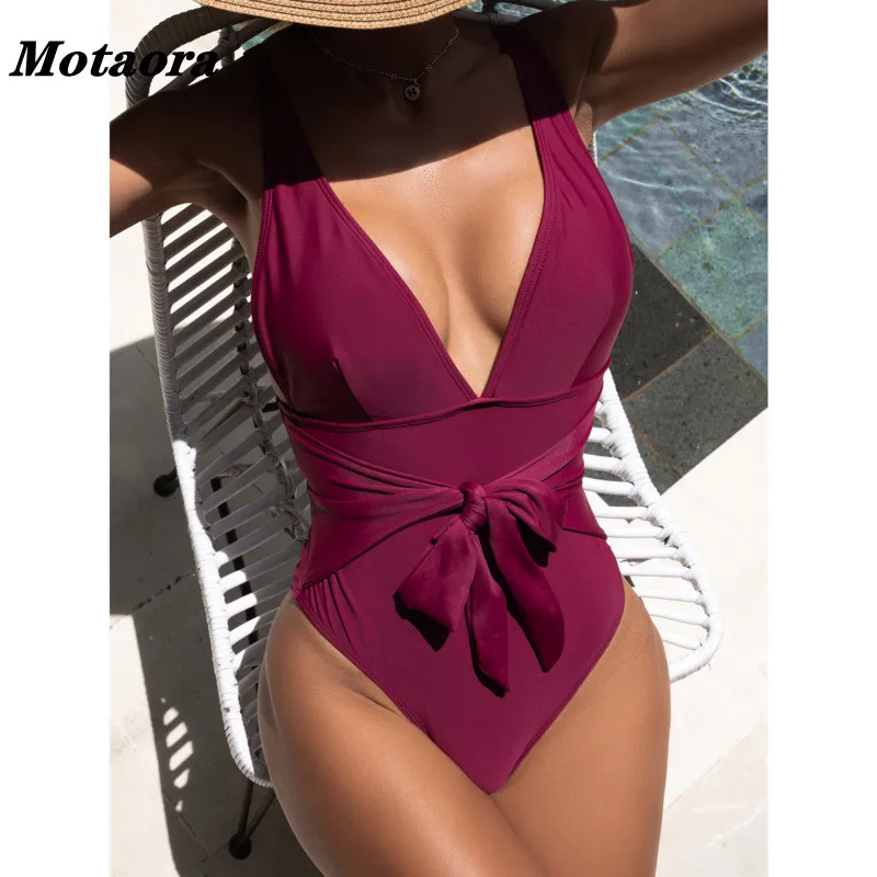 

New Cross Bandage Swimwear Female Solid Color Monokini One Piece Swimsuit Deep V Neck Bikini Women Sexy High Waist Bathing Suit