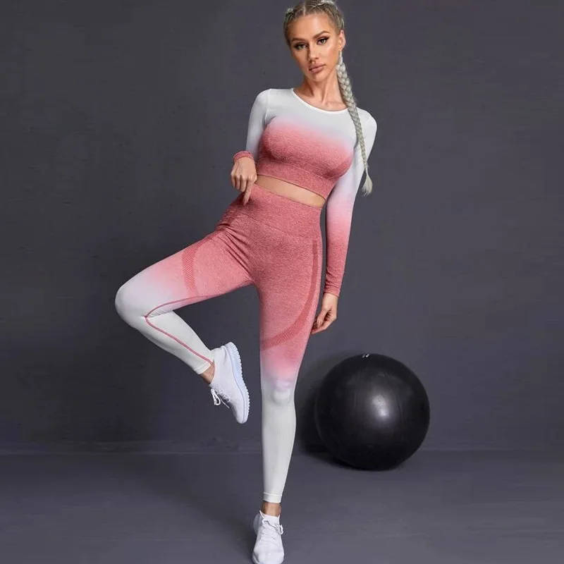 Women Sportswear Trends Autumn Winter Yoga Suit Seamless Gradient Tight Long Sleeve Long Pants Supportive Sports Bras Tops Sets