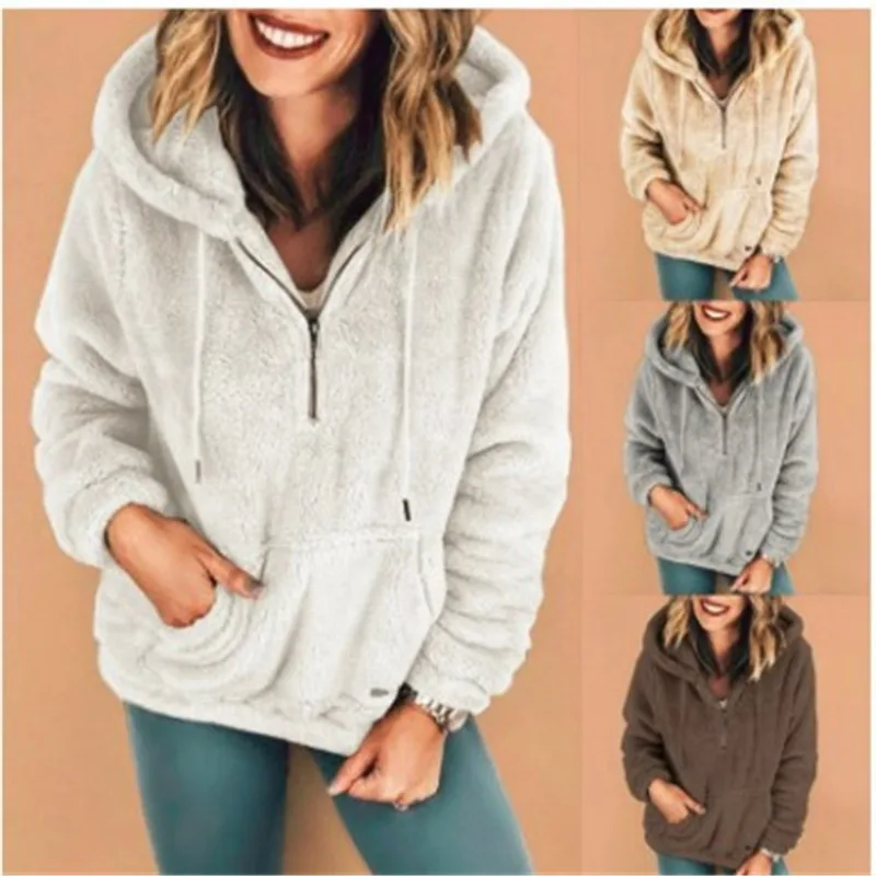

2023 Winter Hooded Coats Women's Solid Color Fleece Hoodies Women Sweatshirt