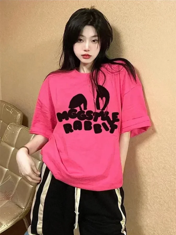 

Women Tees Rabbit Letter Print O-neck Loose Short Sleeve T-shirt Casual Summer 2023