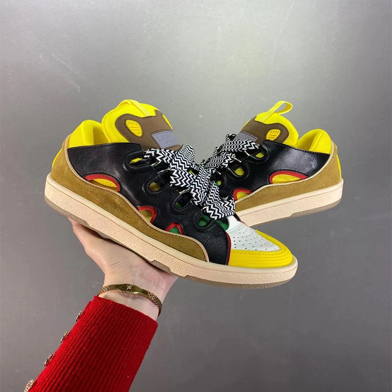 

2022 Women cowhide Fabric Sports Shoes Flat Thick Sole Shoes Lace Up Mixed Color Patchwork Casual Shoes Sneakers Unisex Luxury