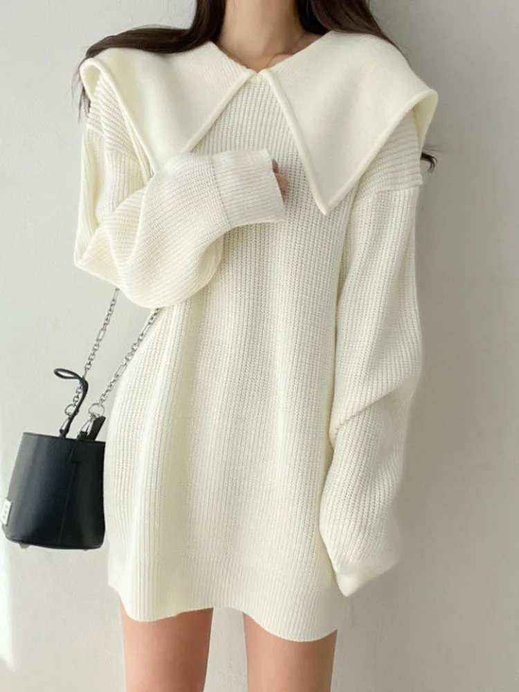 

Women Large Lapel Sweater Dresses Autumn Solid Loose Knitted Simple Dress Elegant Long Sleeve Winter Female Mini Sweater Dress
