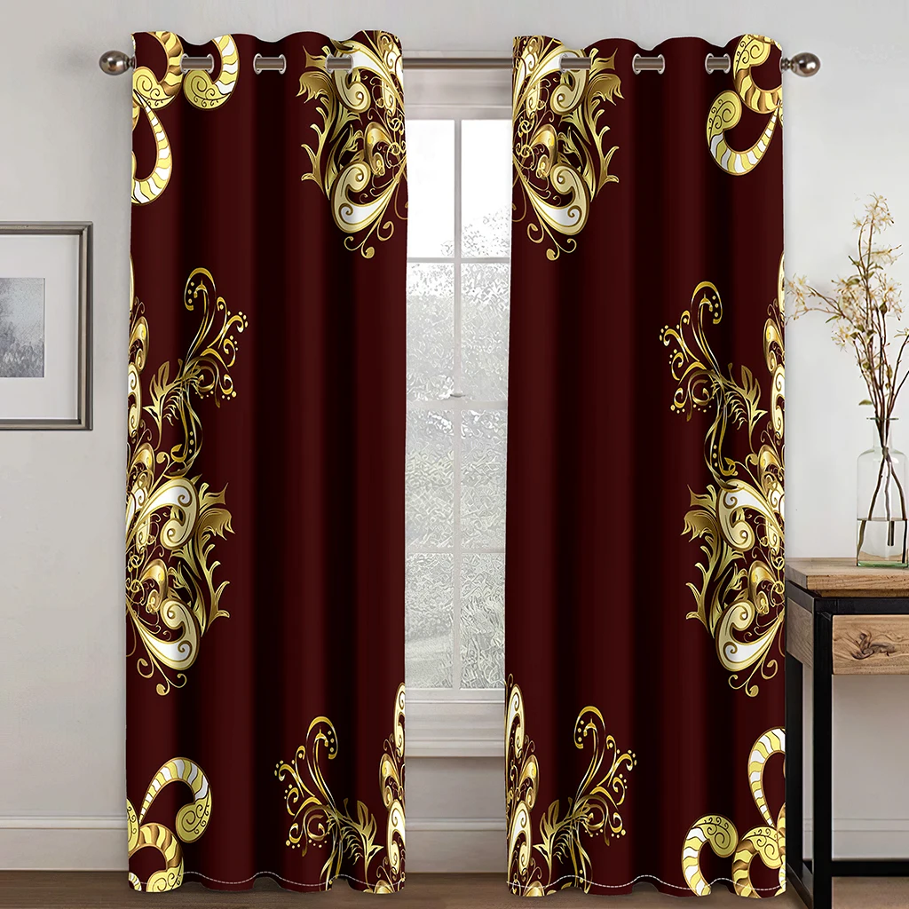 Luxury Baroque Curtains Burgundy Gold Pattern Print Drapes Vintage Palace Living Room Bedroom Decor 2 Panels Set