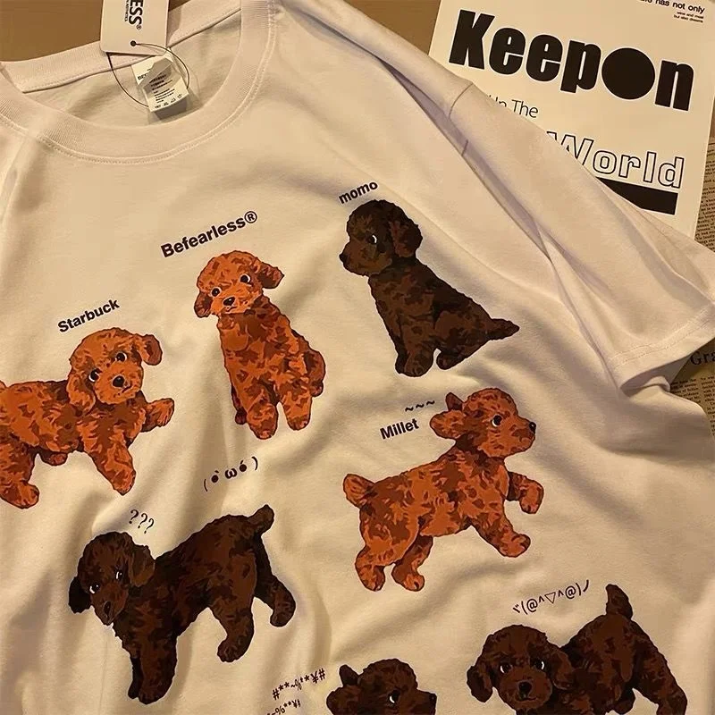

Summer Vintage Cute Teddy Dog Print T-shirt Women Streetwear Oversize Funny Couple Clothing Y2K Short Sleeve Kawaii White Tops