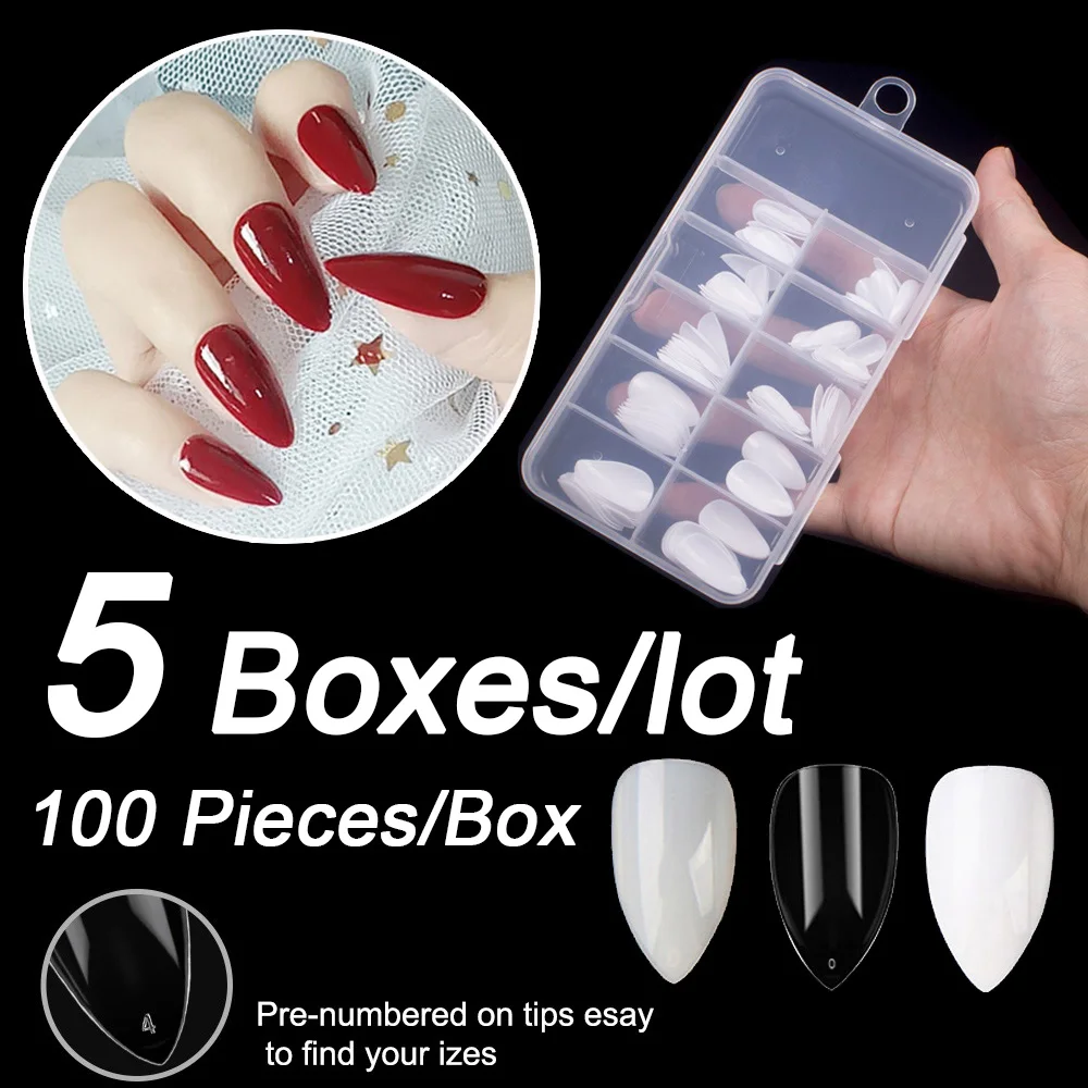

5 Boxes/Lot 100Pcs/box Short Almond Fake Nails Tips Artificial Stiletto Nails Nail Tips False Nails Full Cover Fake Nails Art