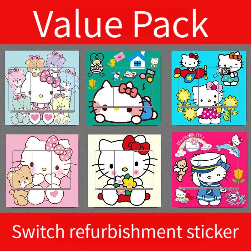 

6Pcs Sanrio Hello Kitty Switch Stickers Around Wallpaper Kawaii Anime Figure Wall Bedside Diy Socket Decorate Door Sticker Gift