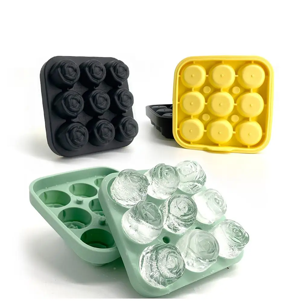 

[ READY STOCK ] Ice Cube Tray 9 Cavity Silicone Rose Ice Ball Maker Easy Release Large Ice Cube Form For Cocktails Whiskey