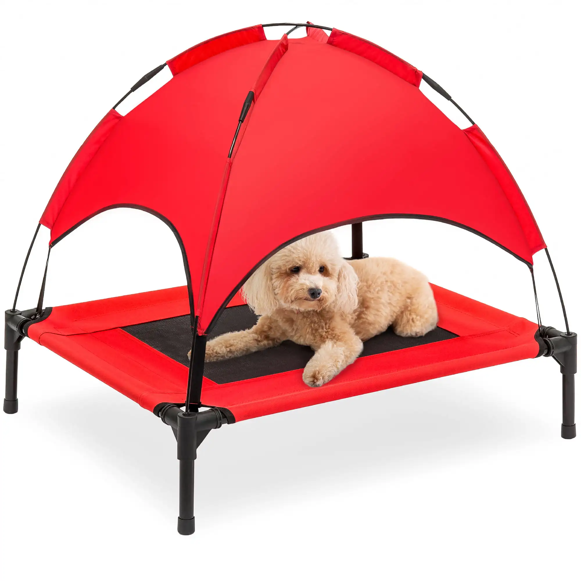 

HMTX 30in Elevated Cooling Dog Bed, Outdoor Raised Mesh Pet Cot w/ Removable Canopy, Carrying Bag - Red