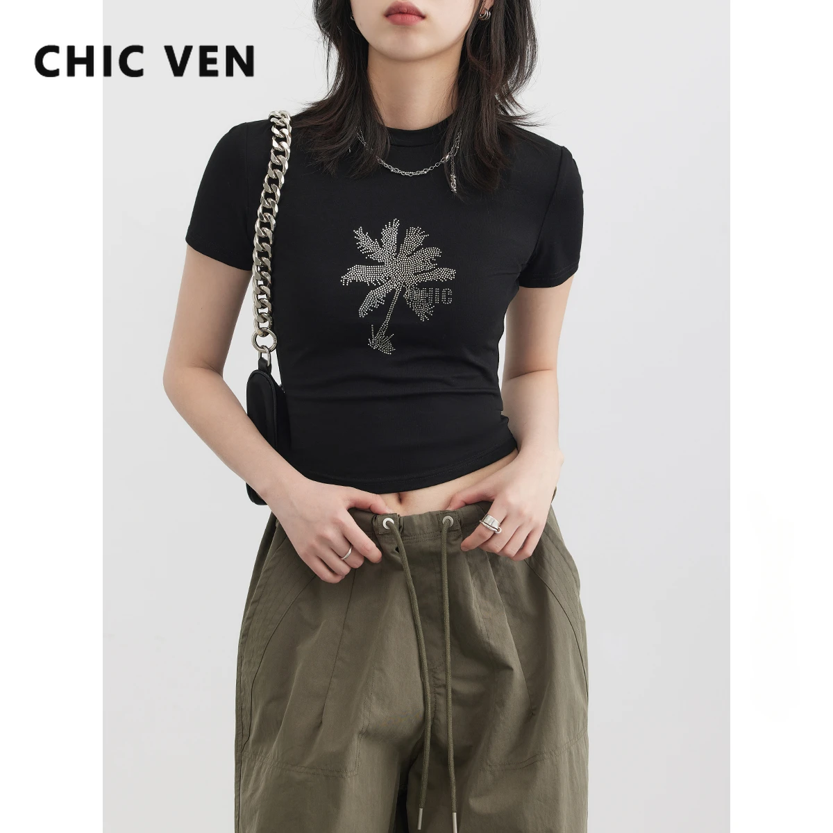 

CHIC VEN Summer T-shirts Vintage Design Graphic Print Short Sleeve Crop Tops Girls Korean Fashion Slim Fit Women Clothes 2023