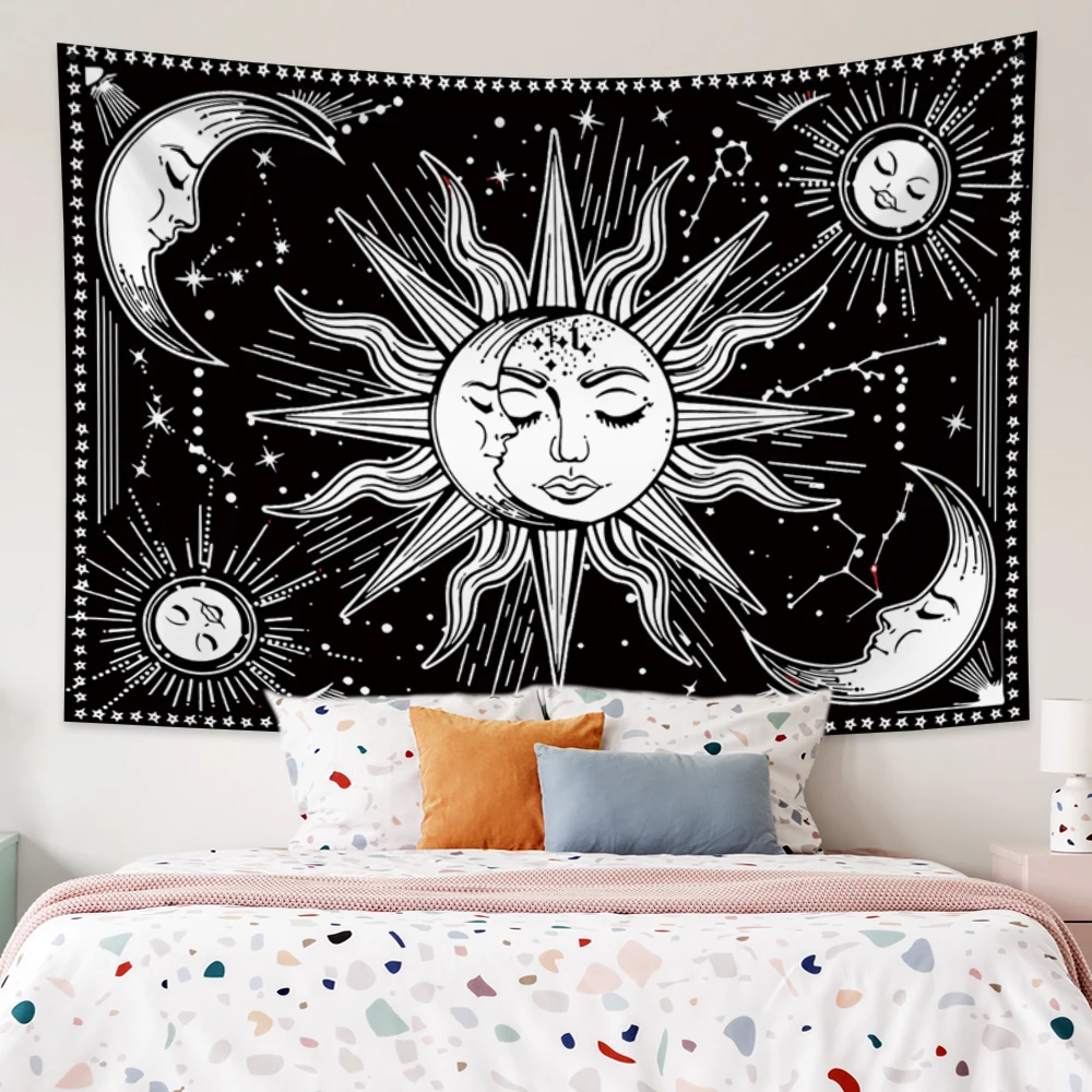 

White Black Moon And Sun Tapestry Bohemia Boho Hippie Aesthetic Wall Hanging For Living Room Bedroom Dormitory Mural Decoration