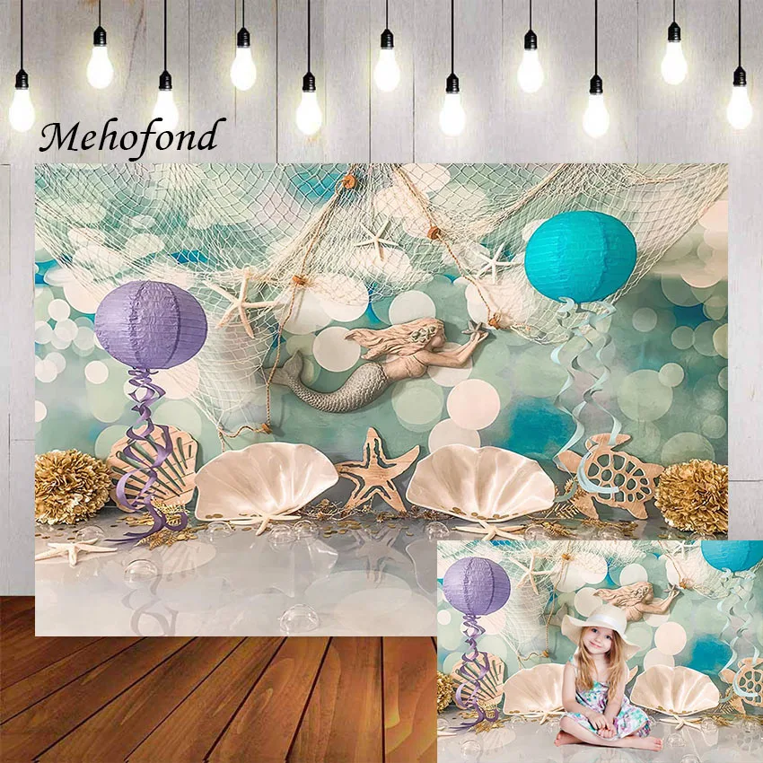 

Фон для фотосъемки Mehofond Русалка под морской звездой ракушки девушки торт на 1-й День рождения разбивать Фотостудия