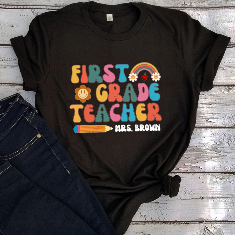 

Personalized First Grade Teacher Shirt Retro 1st Grade Teacher Shirt Back To School First Day of School Rainbow Teacher Gift L