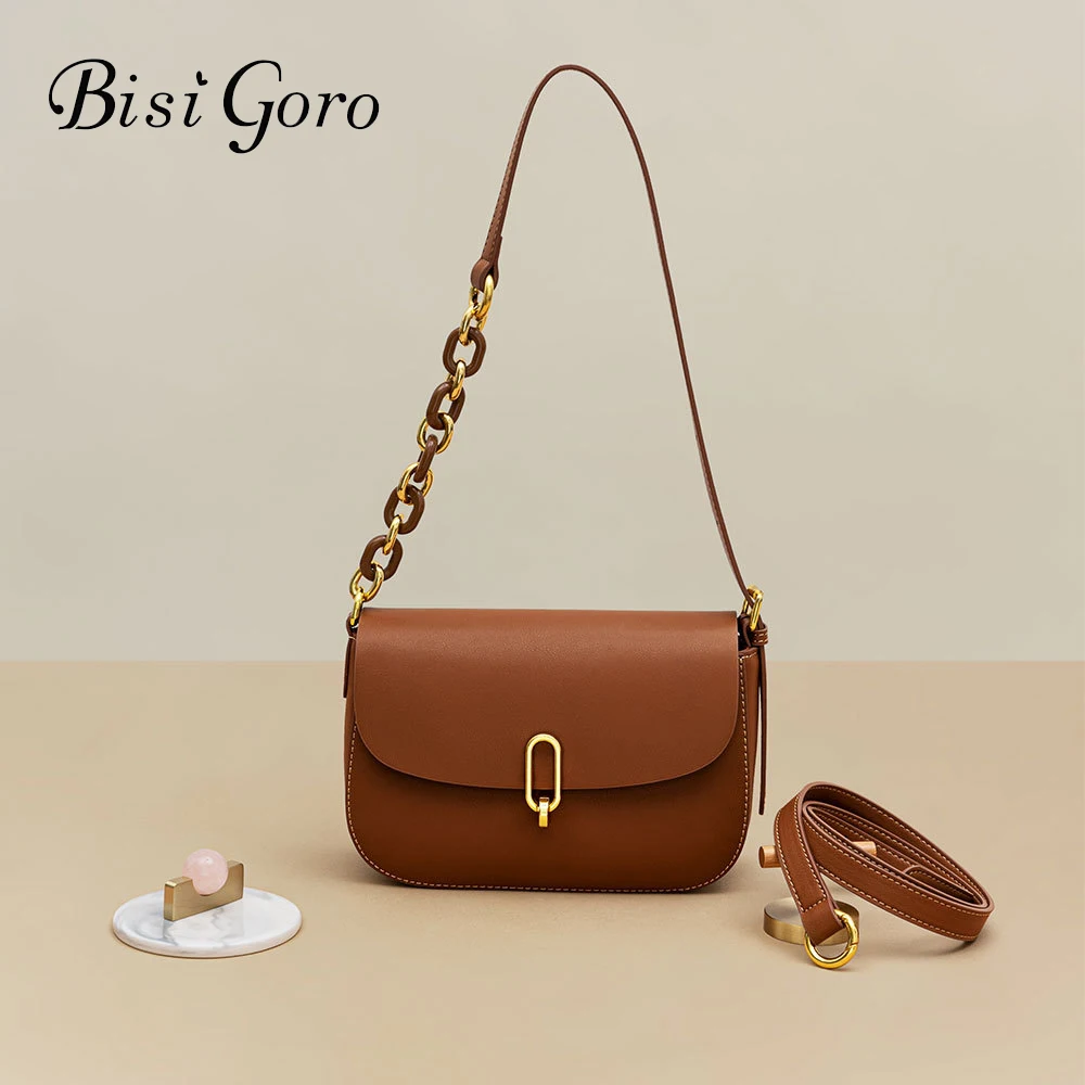 

Fashion Casual Handbags Shoulder Bags for Women 2023 Ladies Luxury Designer Retro Genuine Leather Acrylic Chain Saddle Flap Bag