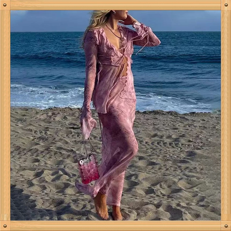

Ladies suits Print Y2K Mesh Long Sleeve Top Shirts Green And Maxi Skirt Bodycon Sexy Two Piece Sets Beach Outfits Women Club