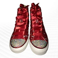 red high top canvas shoes pearl ribbon rhinestone comfortable walking sneakers handmade ribbon rhinestone vulcanized shoes 35 46
