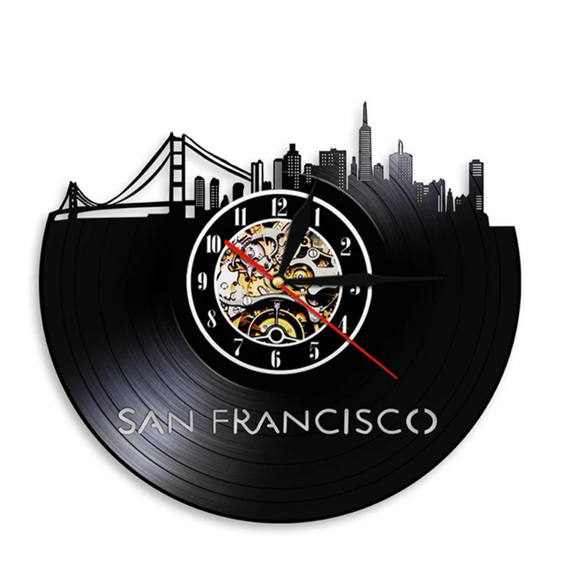 

San Francisco Skyline California Bay Area Golden Gate Bridge Vinyl Album Record Wall Clock US Cityscape Modern Design Wall Watch