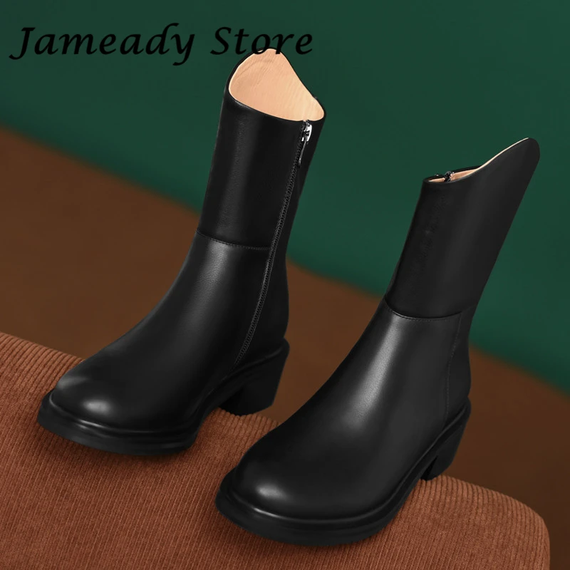 

2022 New Genuine Leather Knee High Boots Chunky Platform Short Boots Lady Fashion Solid Concise Shoes Autumn Winter Botas Mujer