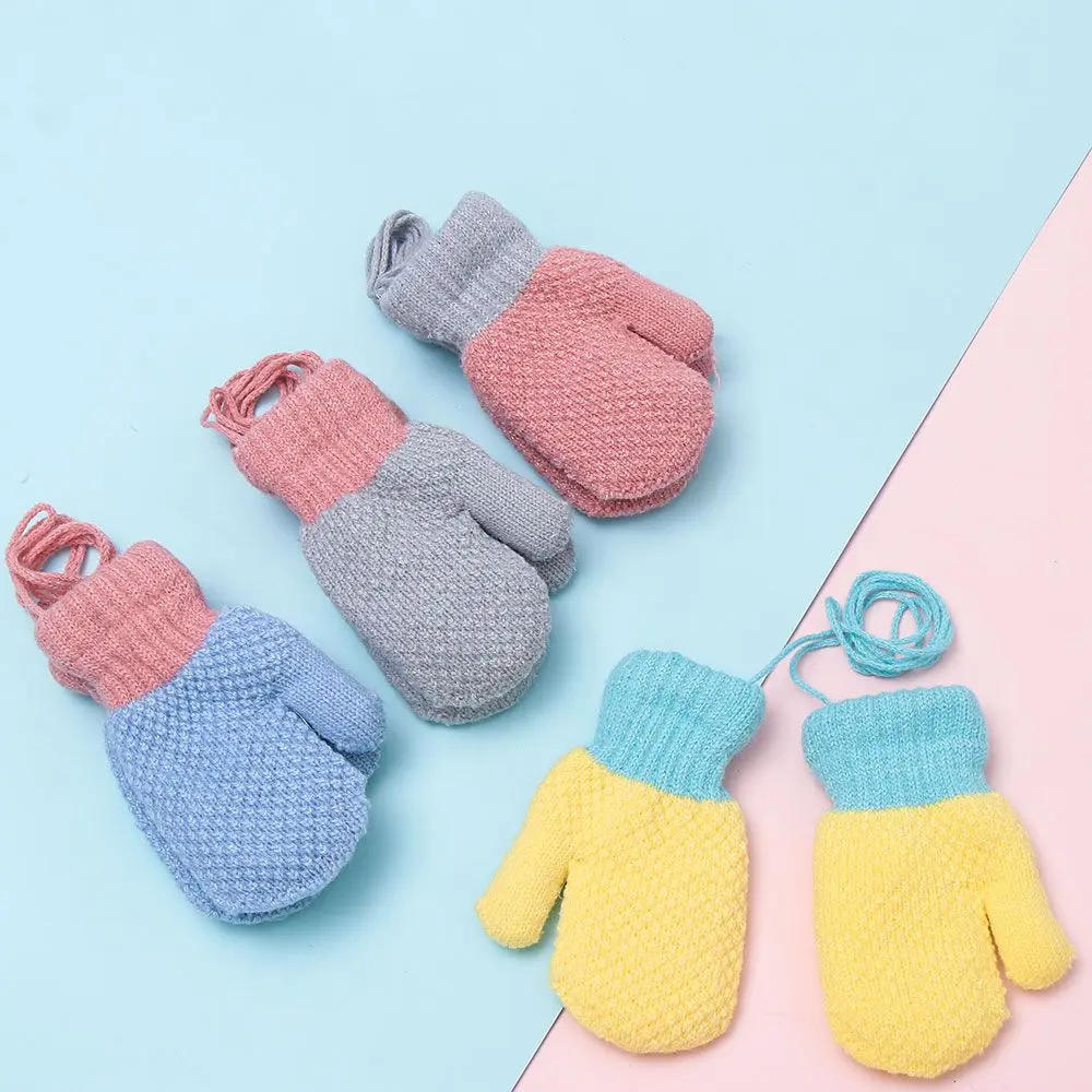 Cute 2-6Years Thick Warm Winter Knitting Gloves with Rope Full Finger Mittens Baby Gloves